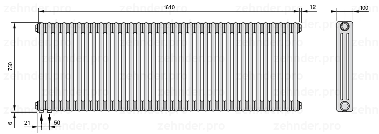 Схема (чертеж) Радиатор Zehnder Charleston 3075/35 №3370 Белый глянцевый RAL 9016
